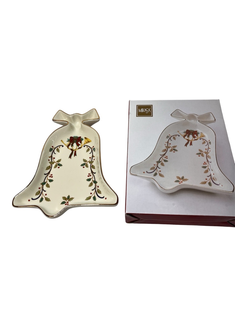 Mikasa Ivory Bell-Shaped Holiday Tray with Gold Trim and Holly Motif. New
